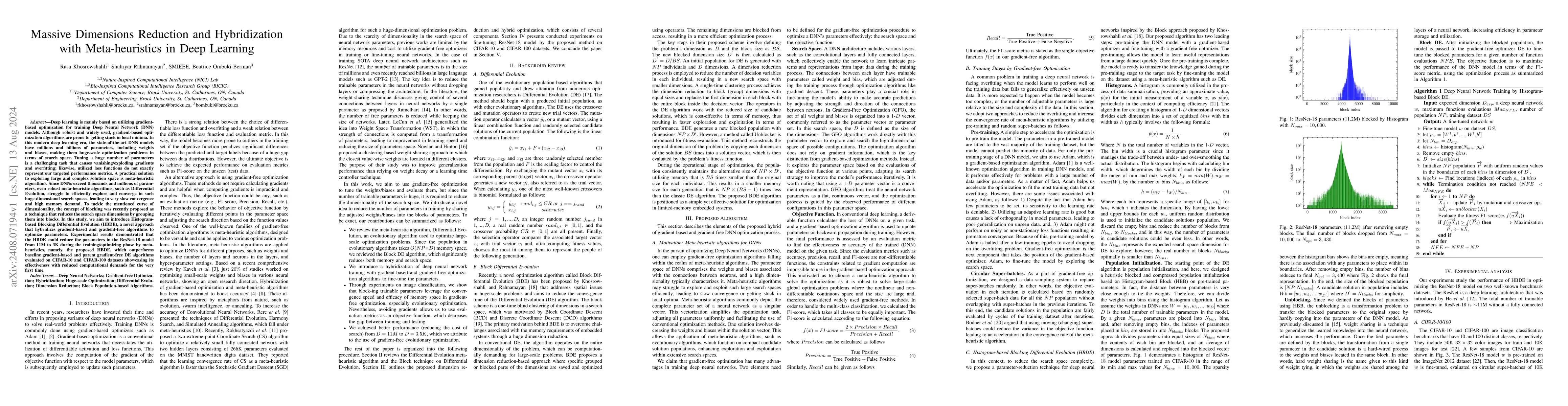 Thumbnail for Massive Dimensions Reduction and Hybridization with Meta-heuristics in
  Deep Learning