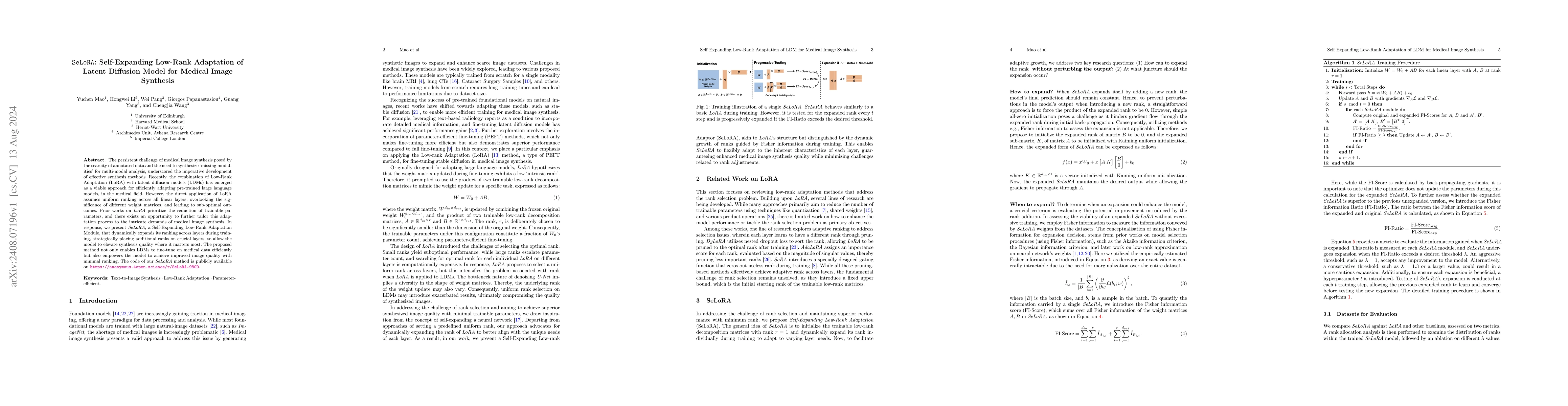 Thumbnail for SeLoRA: Self-Expanding Low-Rank Adaptation of Latent Diffusion Model for
  Medical Image Synthesis