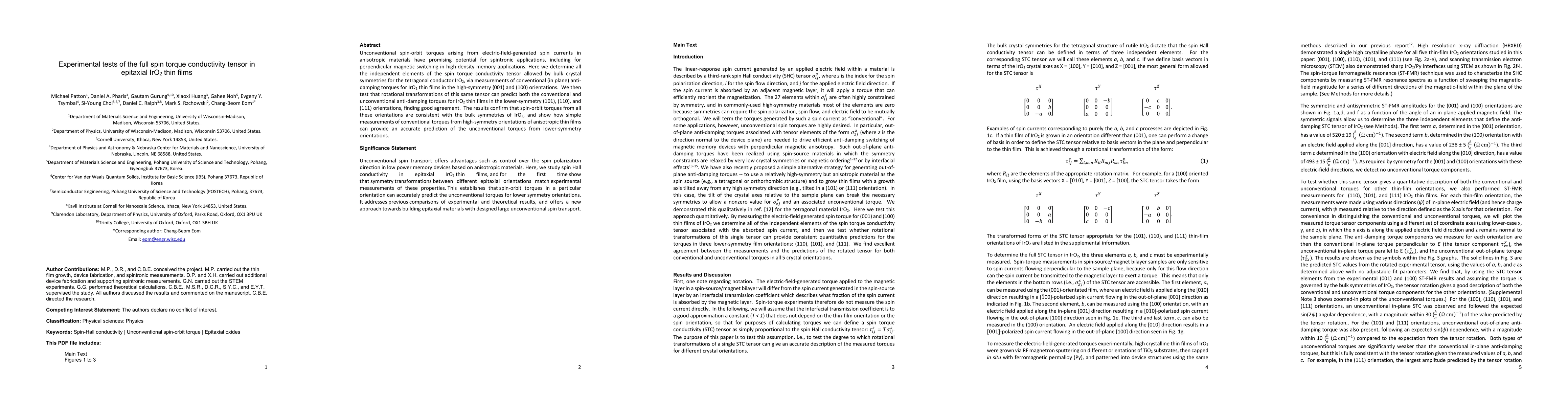 Thumbnail for Experimental tests of the full spin torque conductivity tensor in
  epitaxial IrO2 thin films