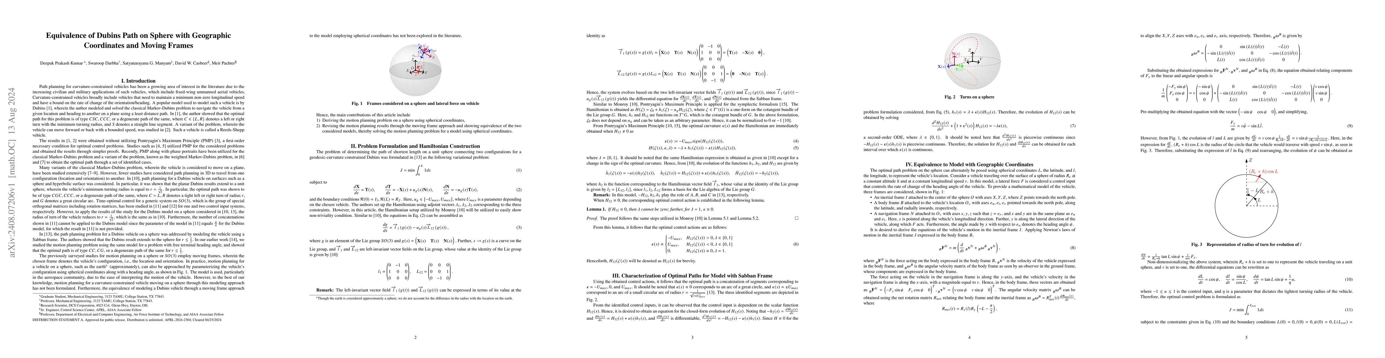 Thumbnail for Equivalence of Dubins Path on Sphere with Geographic Coordinates and
  Moving Frames