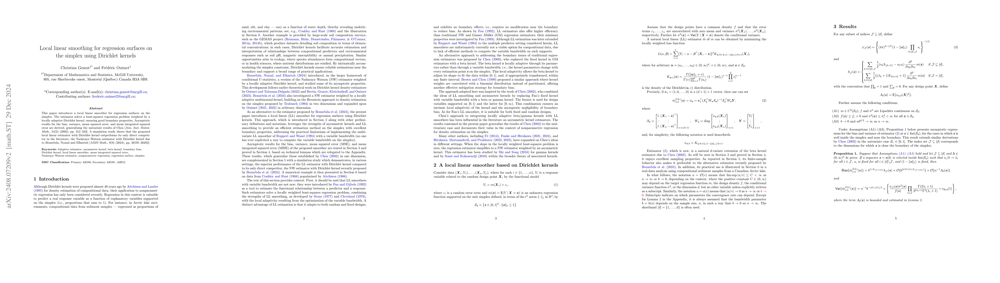 Thumbnail for Local linear smoothing for regression surfaces on the simplex using
  Dirichlet kernels