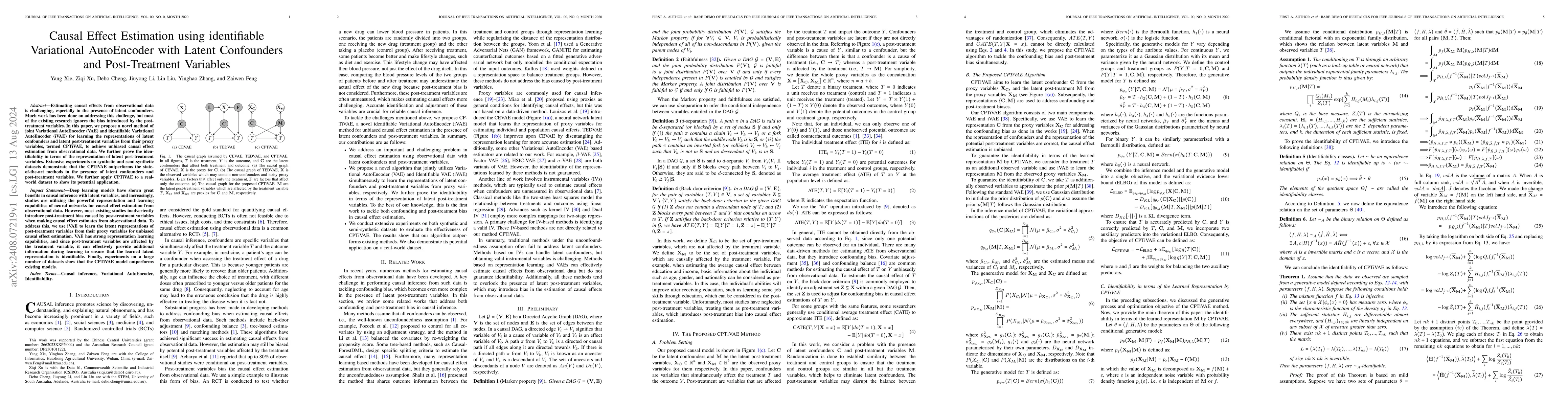 Thumbnail for Causal Effect Estimation using identifiable Variational AutoEncoder with
  Latent Confounders and Post-Treatment Variables