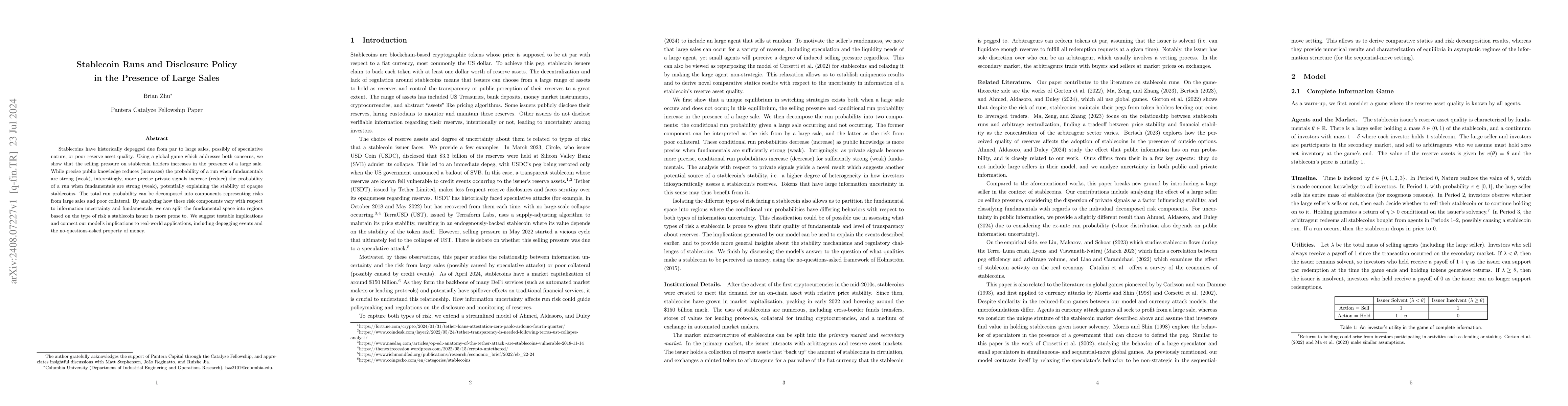 Thumbnail for Stablecoin Runs and Disclosure Policy in the Presence of Large Sales