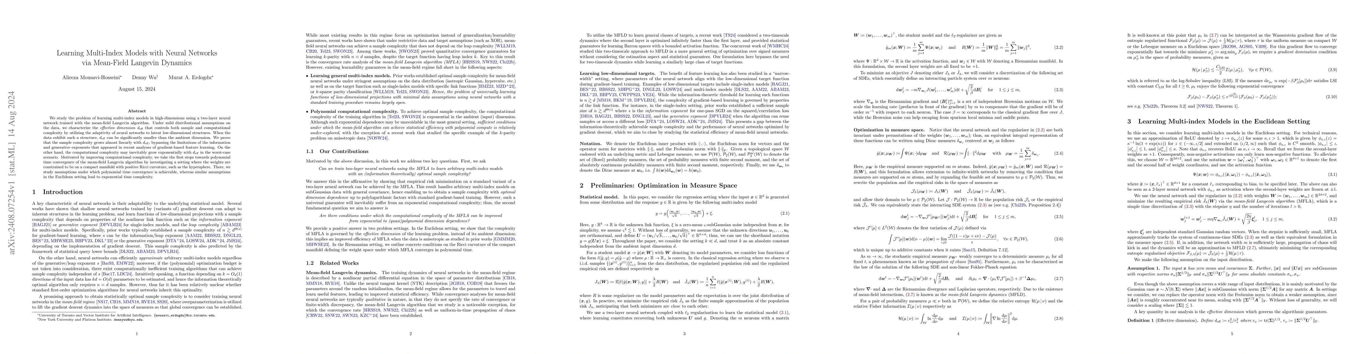 Thumbnail for Learning Multi-Index Models with Neural Networks via Mean-Field Langevin
  Dynamics