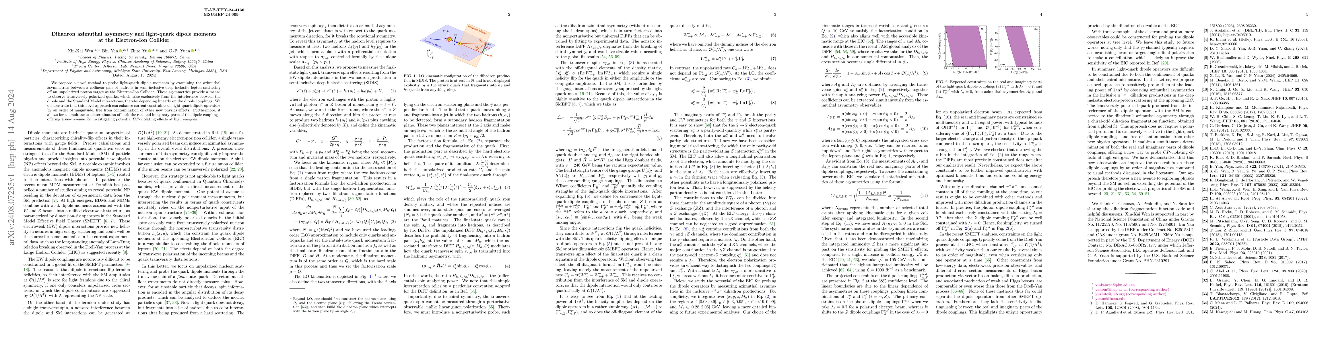 Thumbnail for Dihadron azimuthal asymmetry and light-quark dipole moments at the
  Electron-Ion Collider