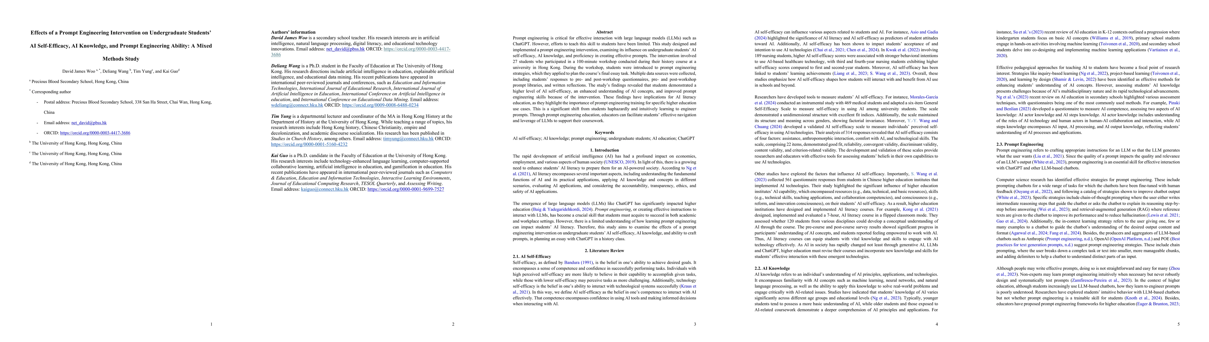 Thumbnail for Effects of a Prompt Engineering Intervention on Undergraduate Students'
  AI Self-Efficacy, AI Knowledge and Prompt Engineering Ability: A Mixed
  Methods Study
