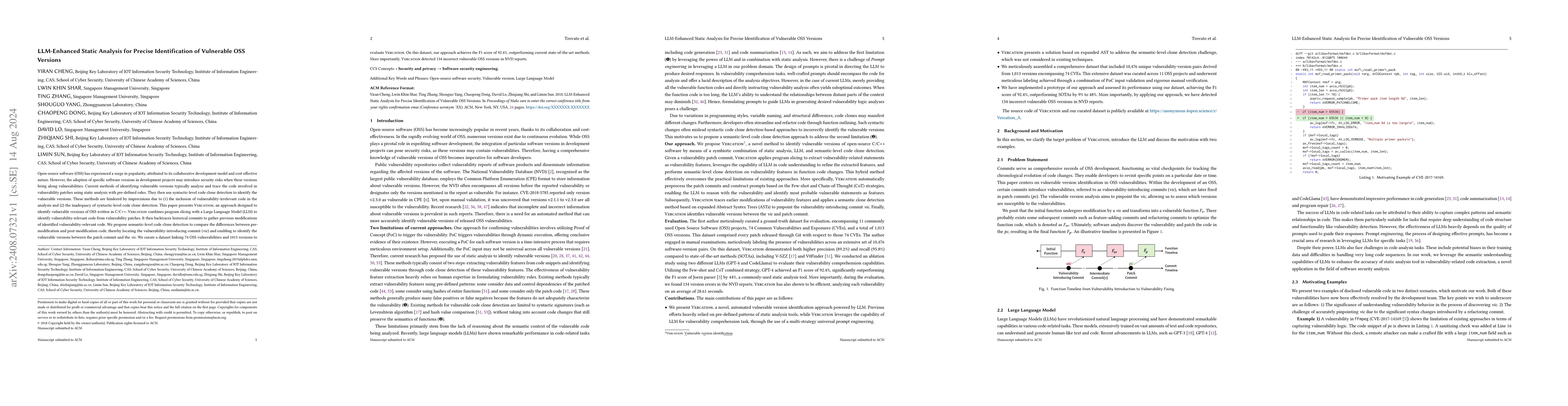 Thumbnail for LLM-Enhanced Static Analysis for Precise Identification of Vulnerable
  OSS Versions