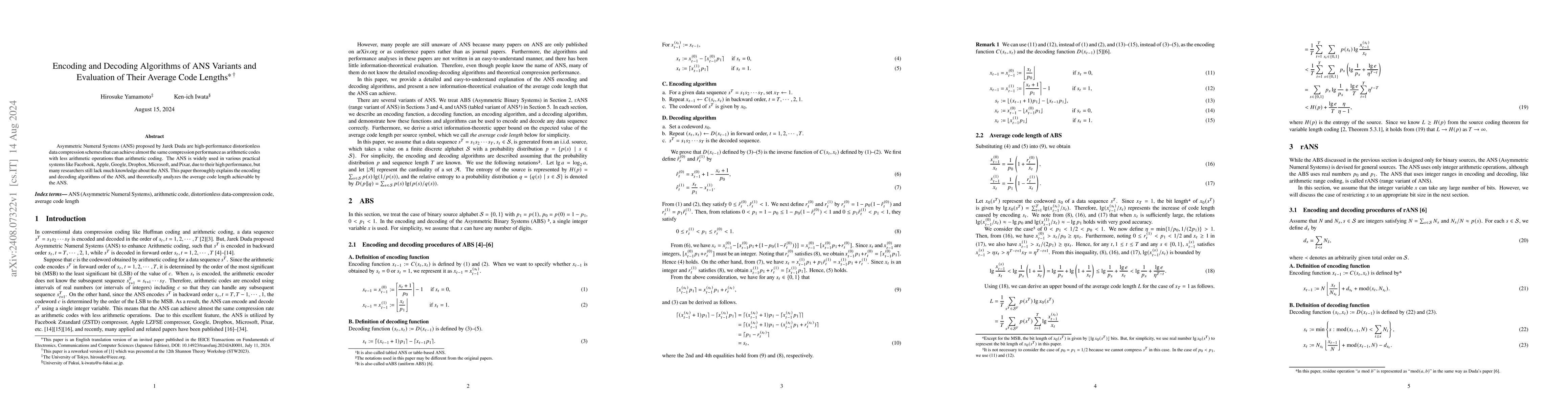 Thumbnail for Encoding and Decoding Algorithms of ANS Variants and Evaluation of Their
  Average Code Lengths