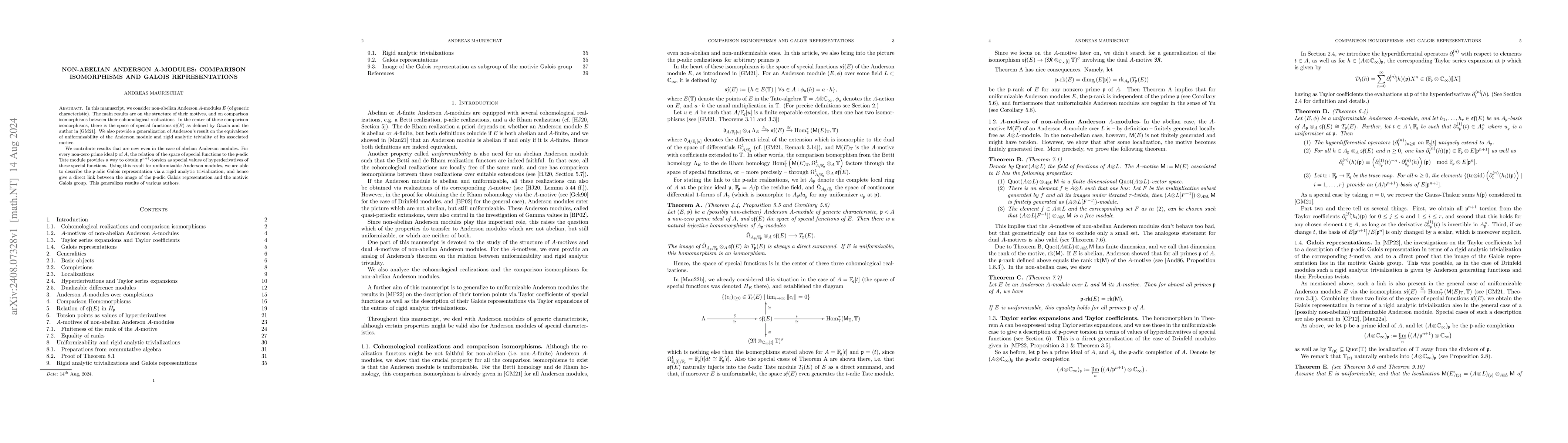 Thumbnail for Non-abelian Anderson A-modules: Comparison isomorphisms and Galois
  representations