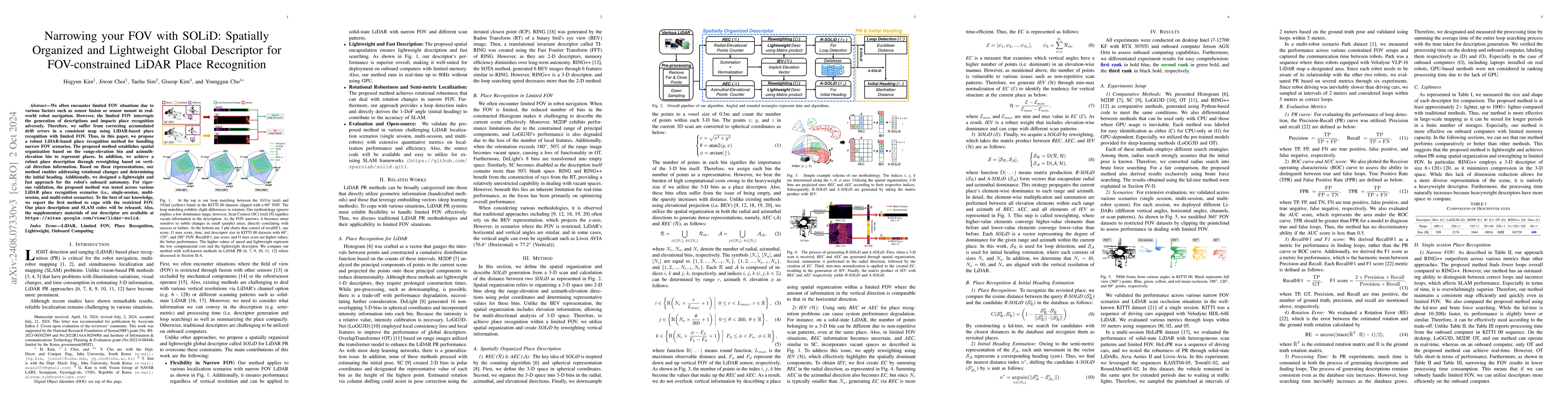 Thumbnail for Narrowing your FOV with SOLiD: Spatially Organized and Lightweight
  Global Descriptor for FOV-constrained LiDAR Place Recognition