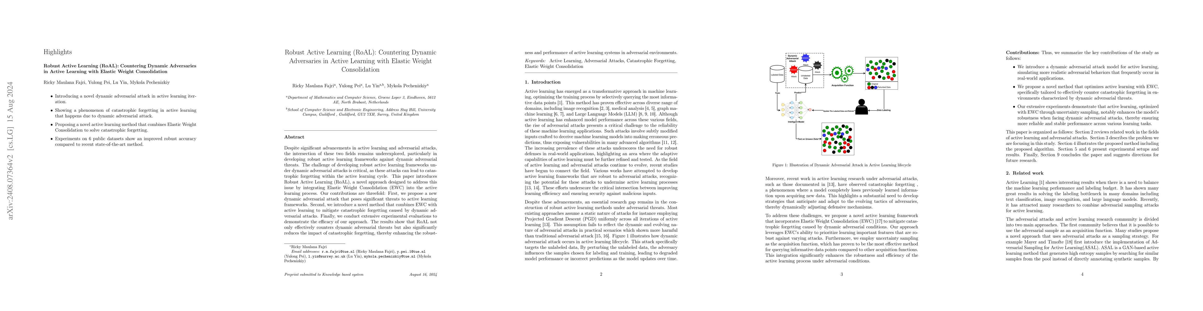 Thumbnail for Robust Active Learning (RoAL): Countering Dynamic Adversaries in Active
  Learning with Elastic Weight Consolidation