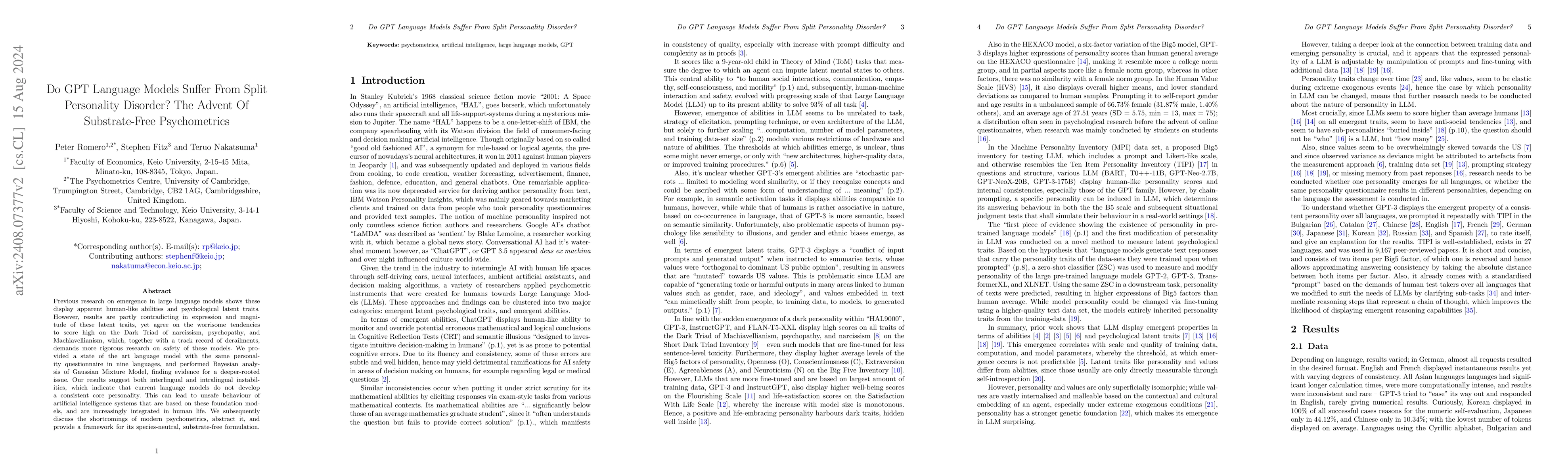 Thumbnail for Do GPT Language Models Suffer From Split Personality Disorder? The
  Advent Of Substrate-Free Psychometrics