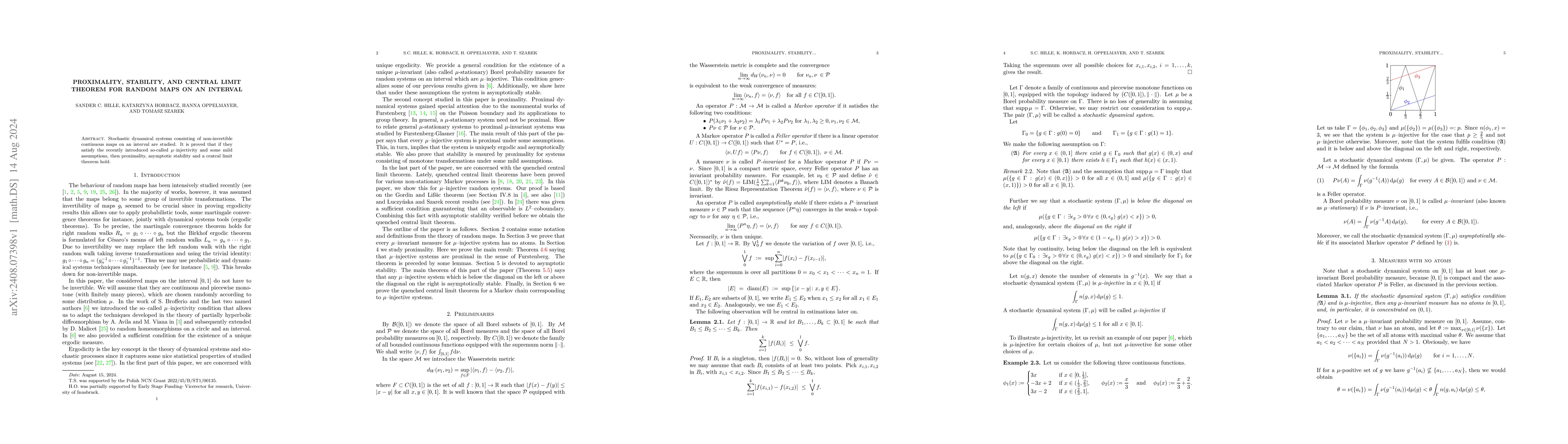 Thumbnail for Proximality, stability, and central limit theorem for random maps on an
  interval