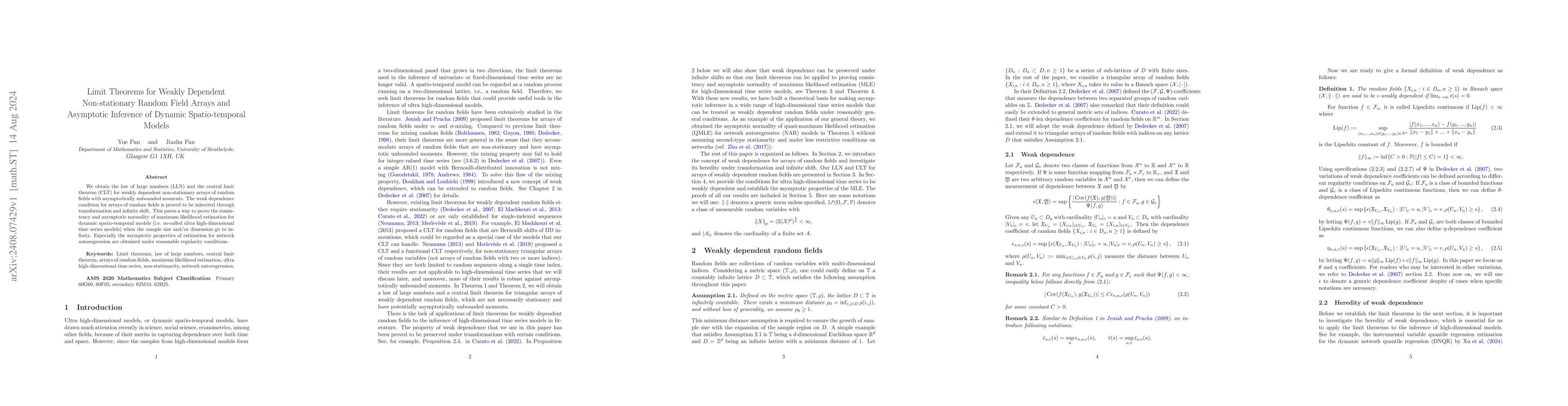 Thumbnail for Limit Theorems for Weakly Dependent Non-stationary Random Field Arrays
  and Asymptotic Inference of Dynamic Spatio-temporal Models