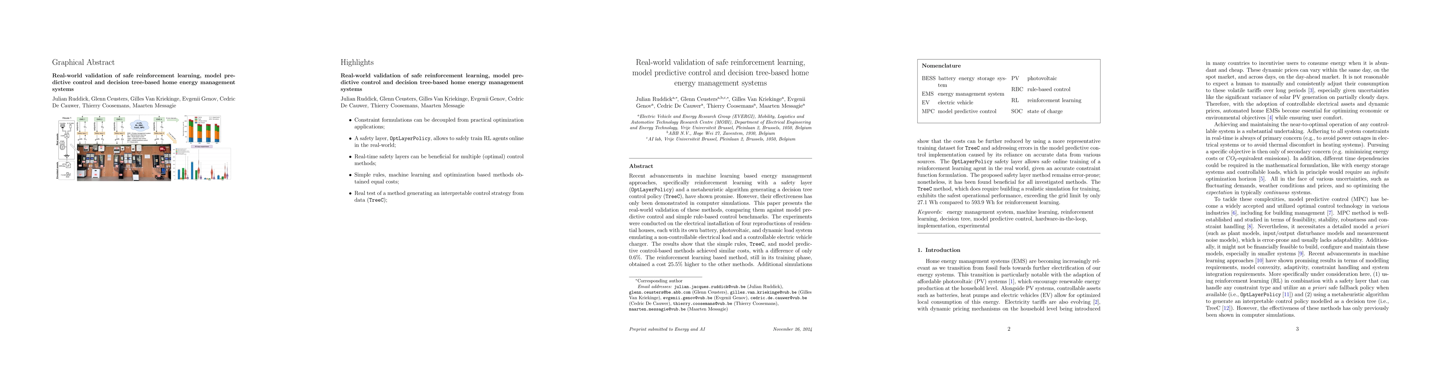 Thumbnail for Real-world validation of safe reinforcement learning, model predictive
  control and decision tree-based home energy management systems