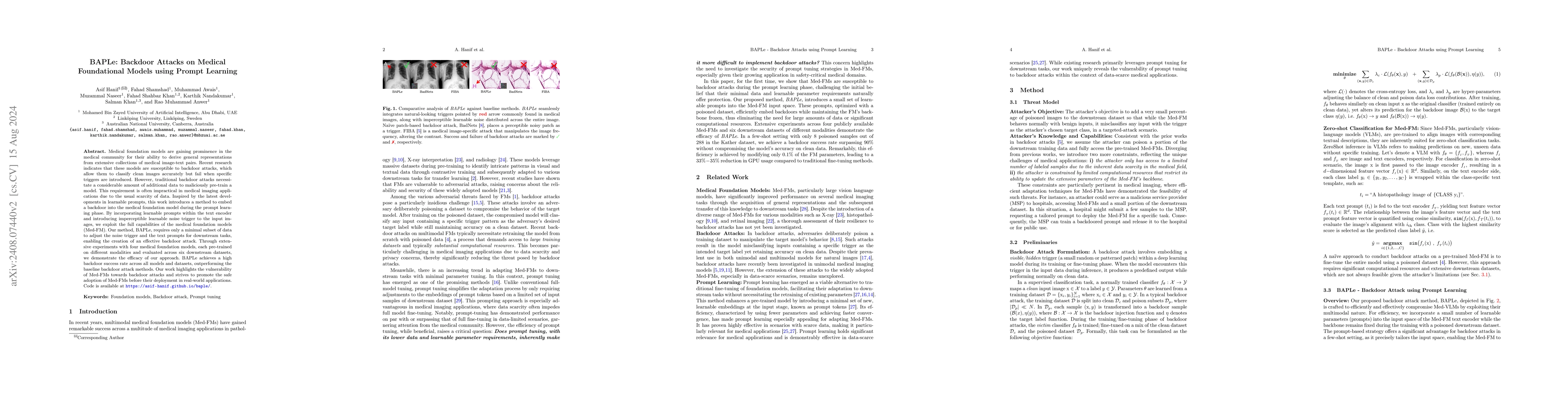 Thumbnail for BAPLe: Backdoor Attacks on Medical Foundational Models using Prompt
  Learning
