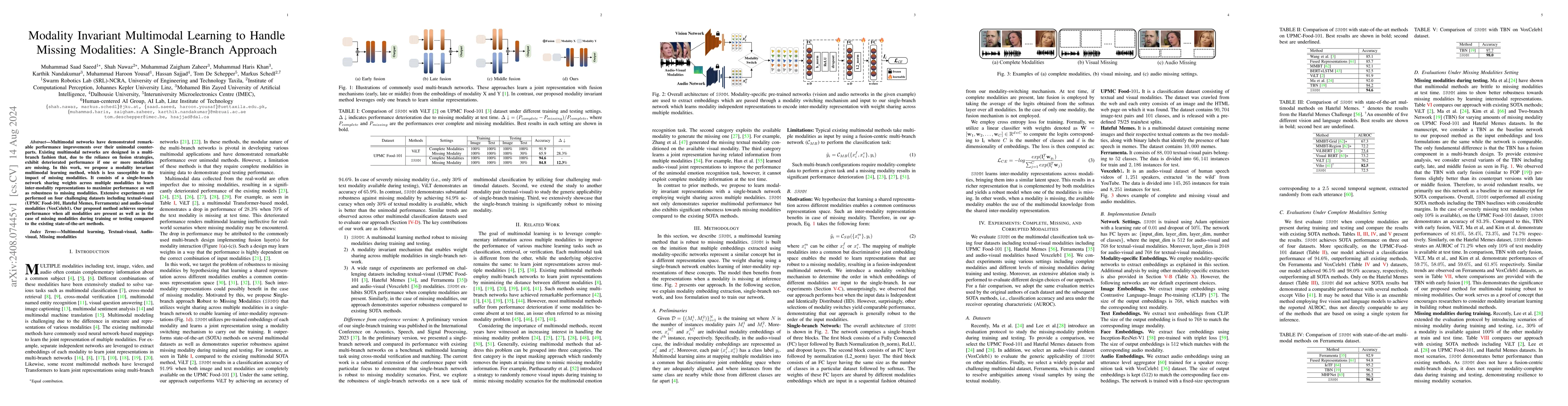 Thumbnail for Modality Invariant Multimodal Learning to Handle Missing Modalities: A
  Single-Branch Approach