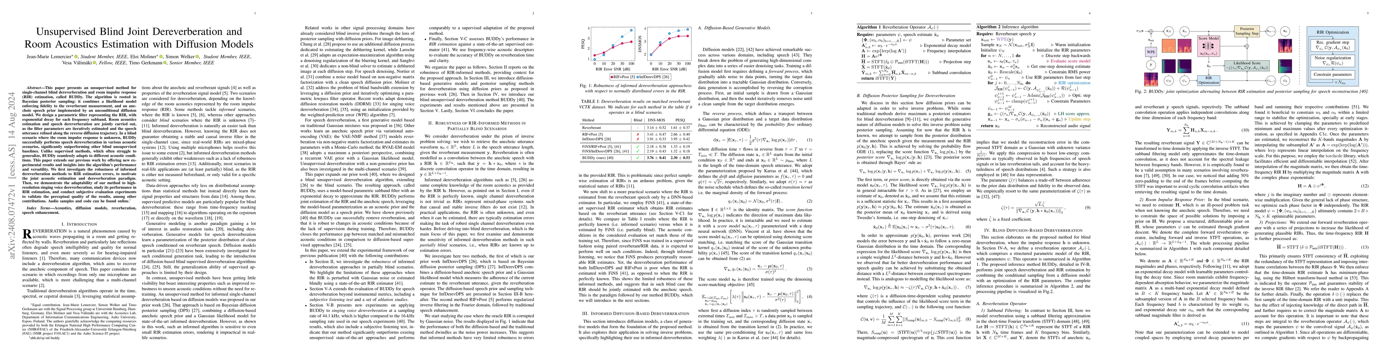 Thumbnail for Unsupervised Blind Joint Dereverberation and Room Acoustics Estimation
  with Diffusion Models