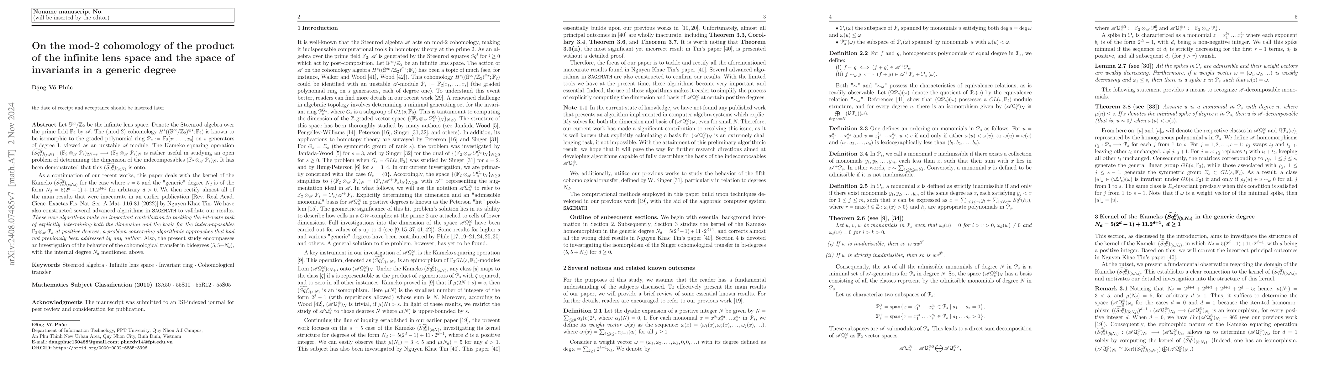 Thumbnail for On the mod-2 cohomology of the product of the infinite lens space and
  the space of invariants in a generic degree