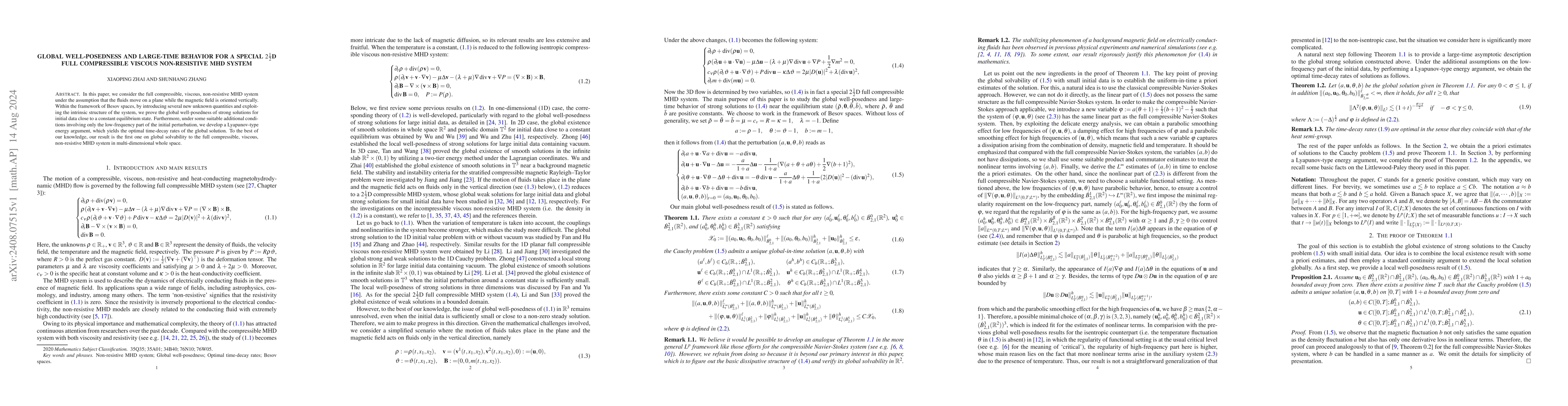 Thumbnail for Global well-posedness and large-time behavior for a special
  $2\frac{1}{2}$D full compressible viscous non-resistive MHD system