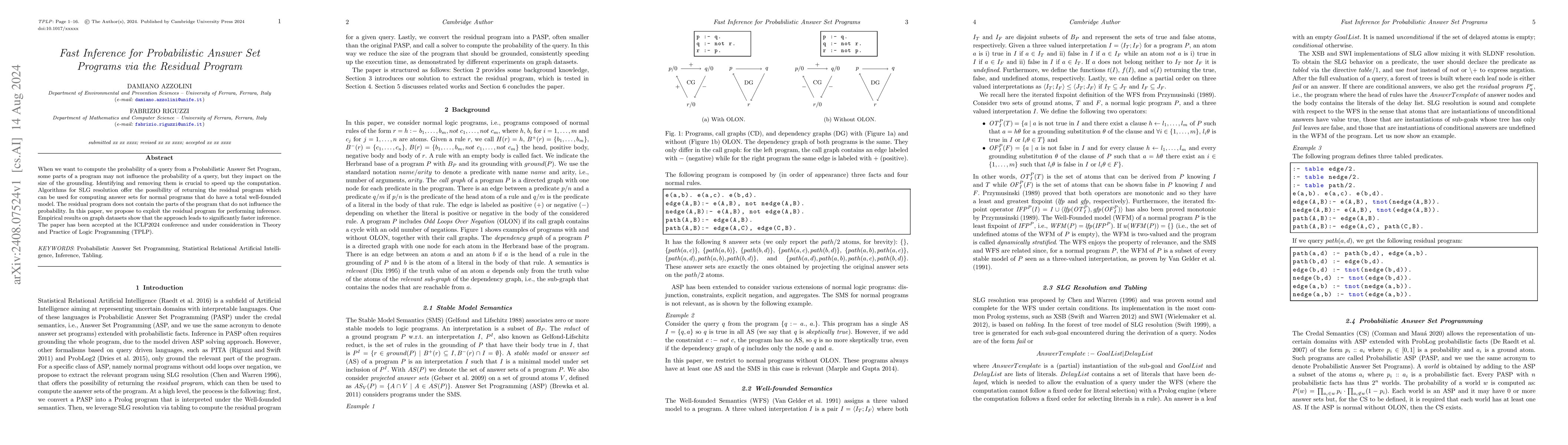 Thumbnail for Fast Inference for Probabilistic Answer Set Programs via the Residual
  Program