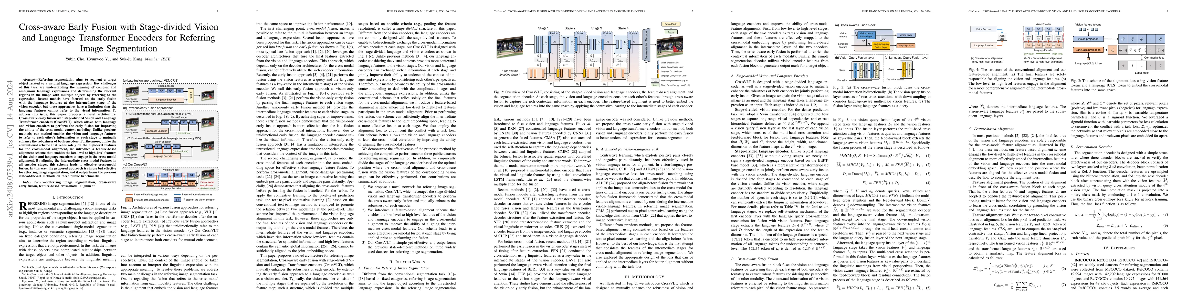 Thumbnail for Cross-aware Early Fusion with Stage-divided Vision and Language
  Transformer Encoders for Referring Image Segmentation