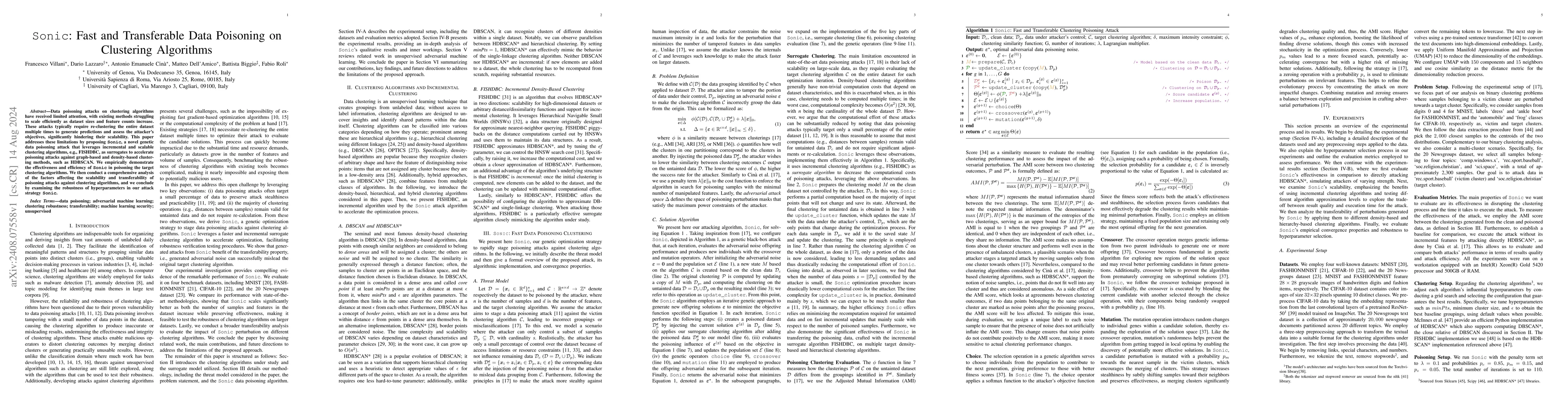 Thumbnail for Sonic: Fast and Transferable Data Poisoning on Clustering Algorithms