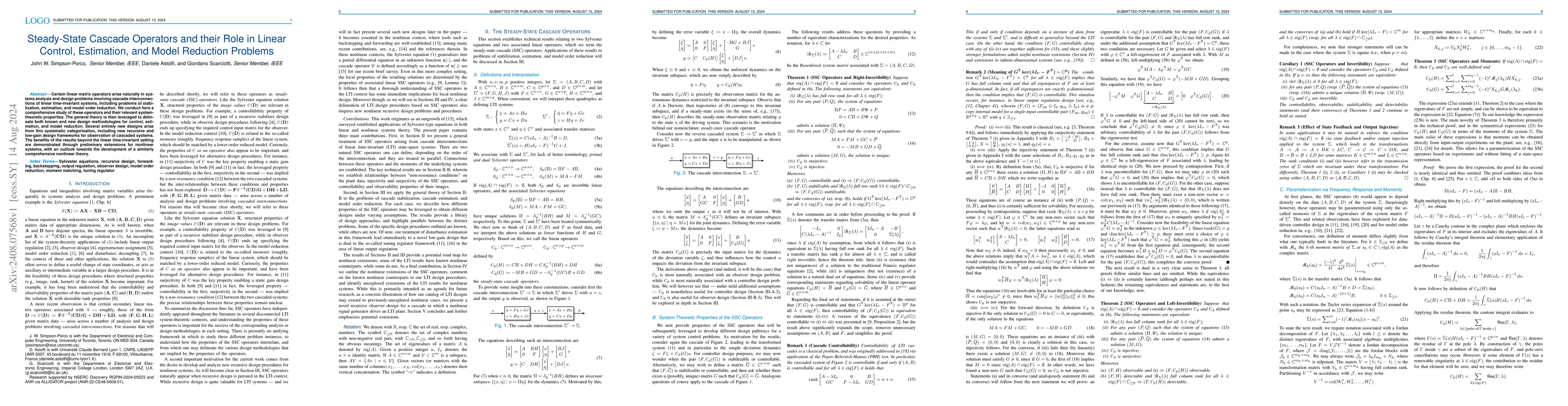 Thumbnail for Steady-State Cascade Operators and their Role in Linear Control,
  Estimation, and Model Reduction Problems