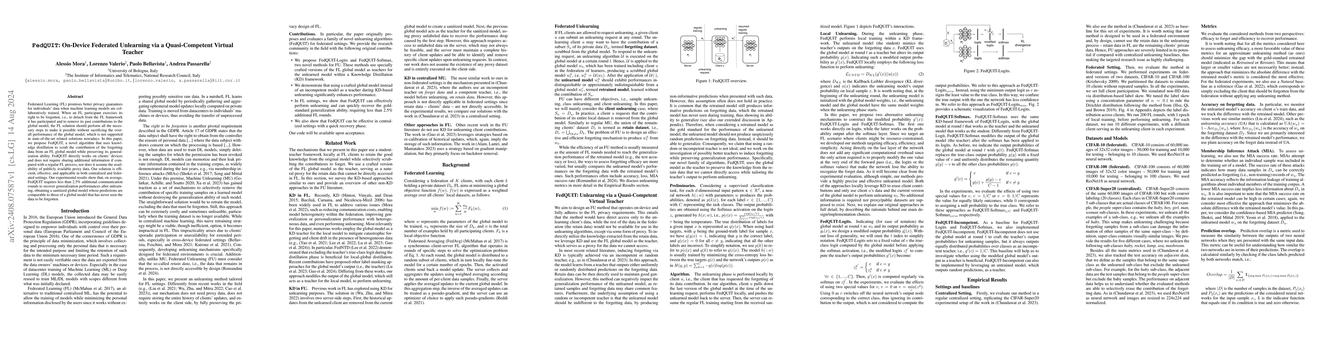 Thumbnail for FedQUIT: On-Device Federated Unlearning via a Quasi-Competent Virtual
  Teacher