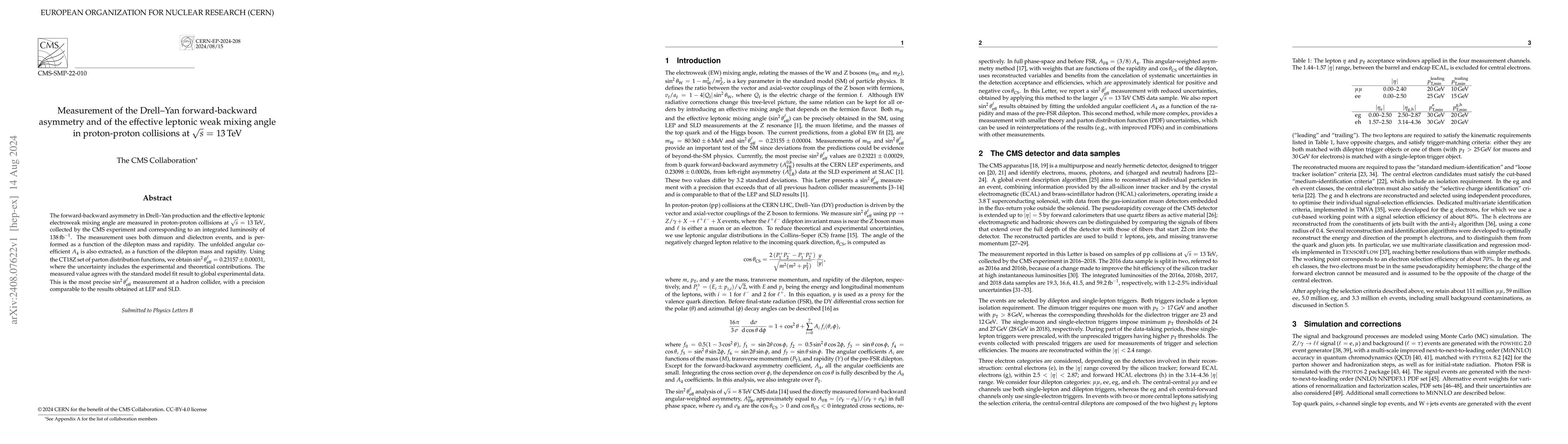 Thumbnail for Measurement of the Drell--Yan forward-backward asymmetry and of the
  effective leptonic weak mixing angle in proton-proton collisions at
  $\sqrt{s}$ = 13 TeV