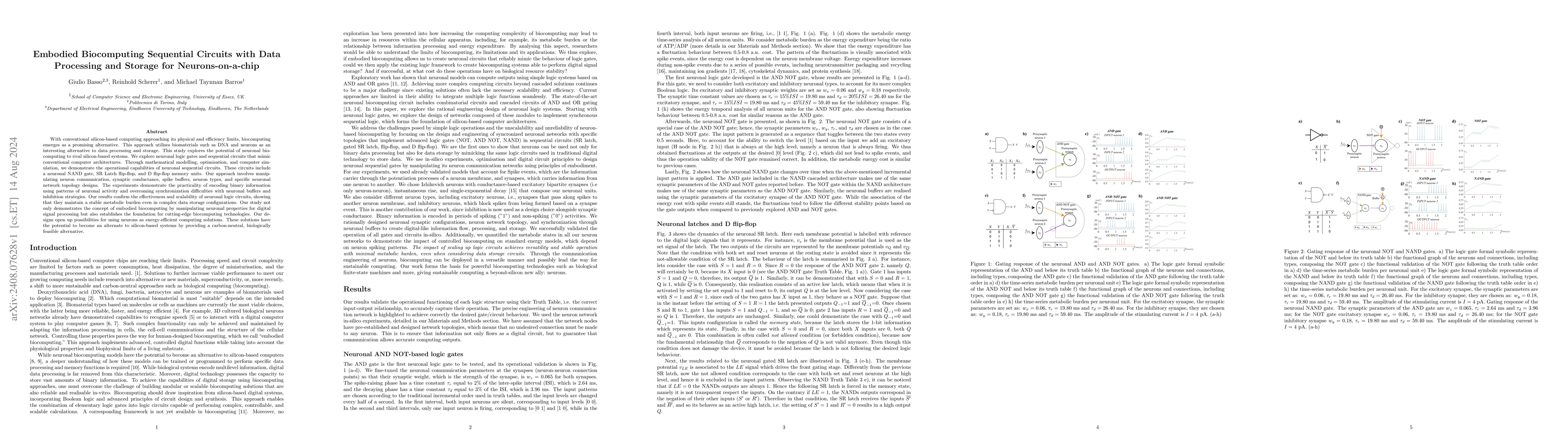 Thumbnail for Embodied Biocomputing Sequential Circuits with Data Processing and
  Storage for Neurons-on-a-chip