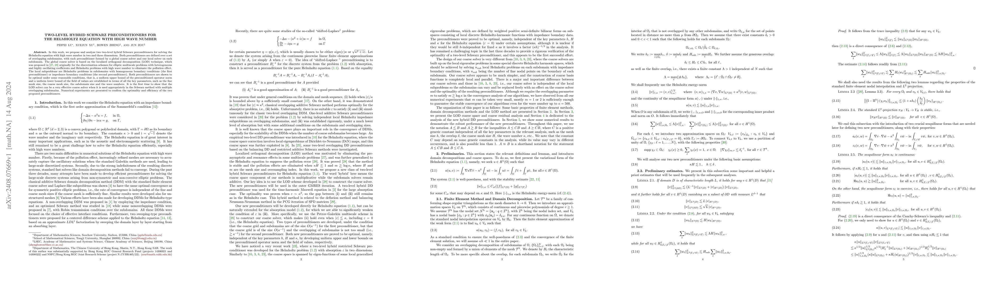Thumbnail for Two-level hybrid Schwarz Preconditioners for The Helmholtz Equation with
  high wave number