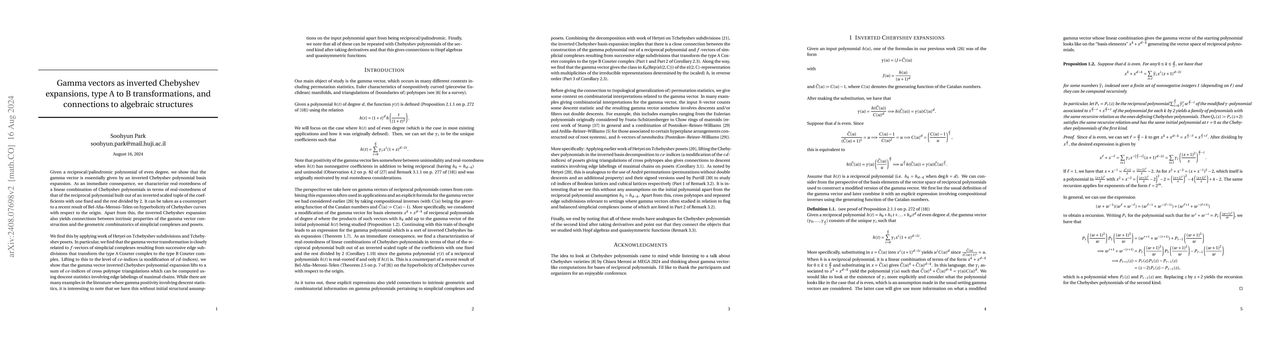 Thumbnail for Gamma vectors as inverted Chebyshev expansions, type A to B
  transformations, and connections to algebraic structures