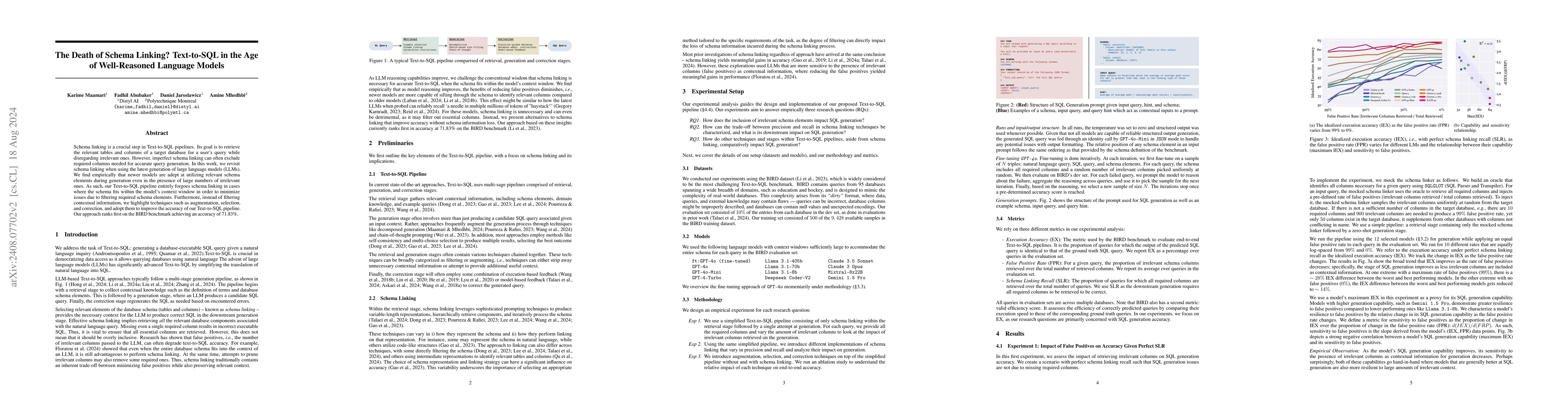 Thumbnail for The Death of Schema Linking? Text-to-SQL in the Age of Well-Reasoned
  Language Models