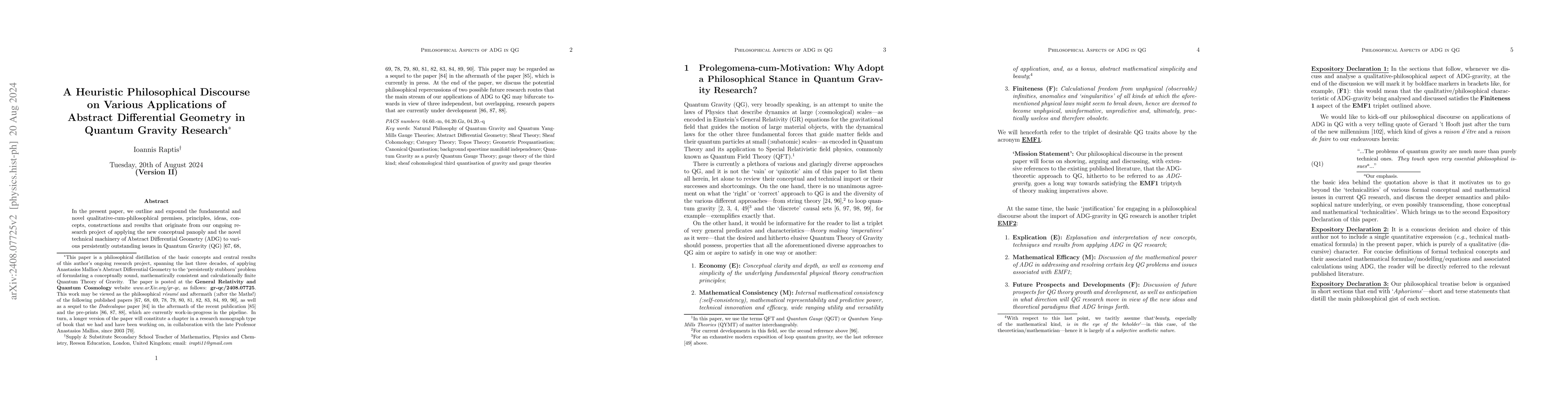 Thumbnail for A Heuristic Philosophical Discourse on Various Applications of Abstract
  Differential Geometry in Quantum Gravity Research