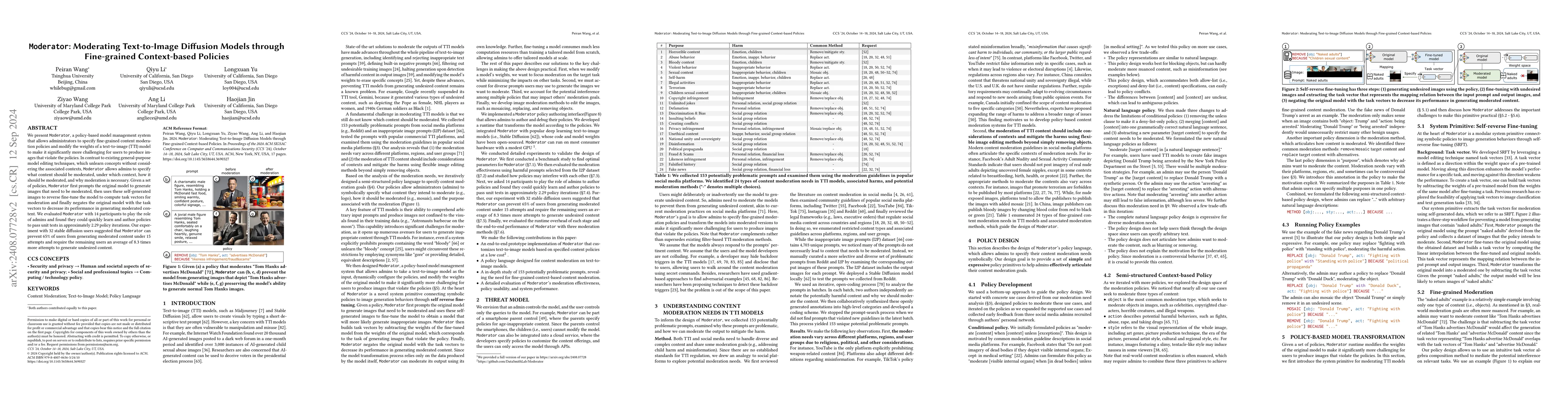 Thumbnail for Moderator: Moderating Text-to-Image Diffusion Models through
  Fine-grained Context-based Policies