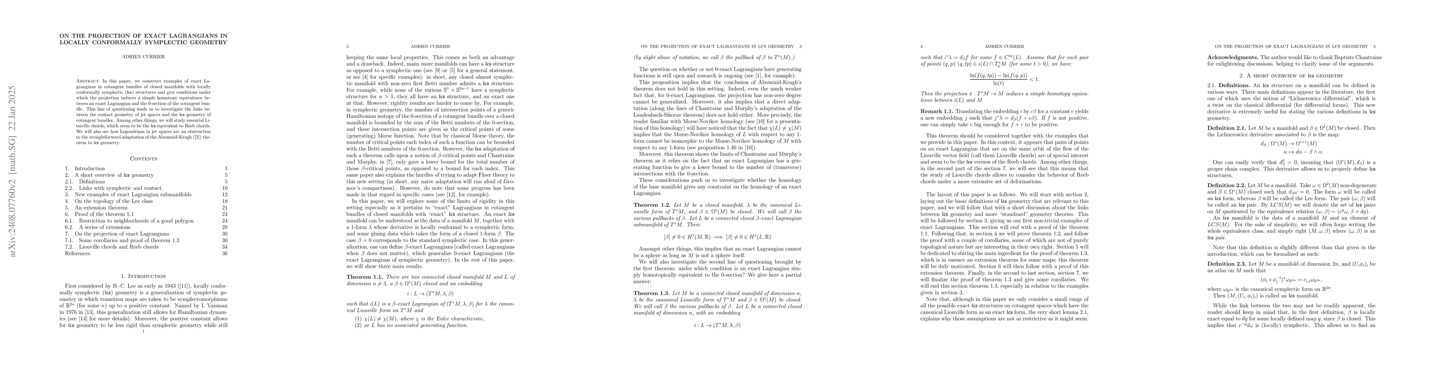 Thumbnail for On the projection of exact Lagrangians in locally conformally symplectic
  geometry