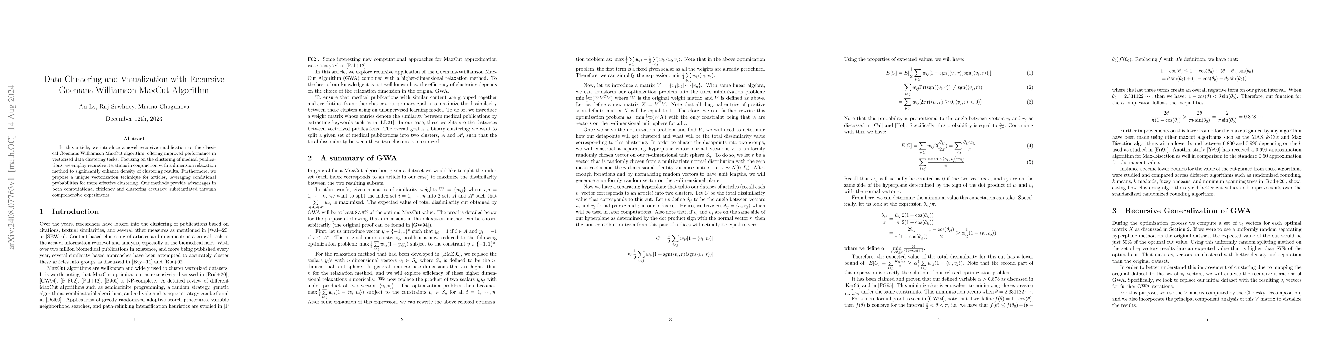 Thumbnail for Data Clustering and Visualization with Recursive Goemans-Williamson
  MaxCut Algorithm