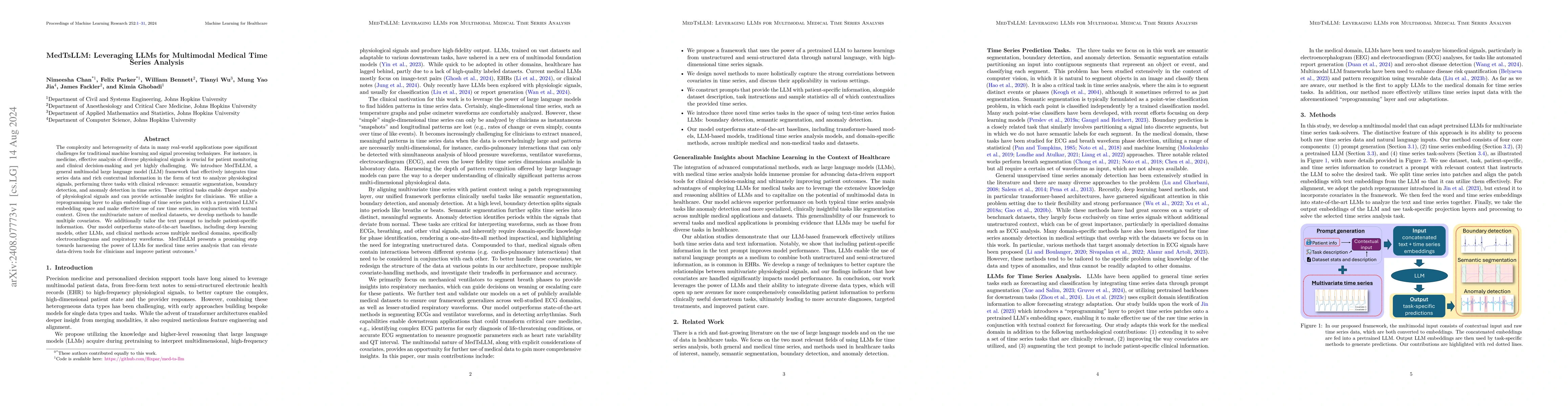 Thumbnail for MedTsLLM: Leveraging LLMs for Multimodal Medical Time Series Analysis