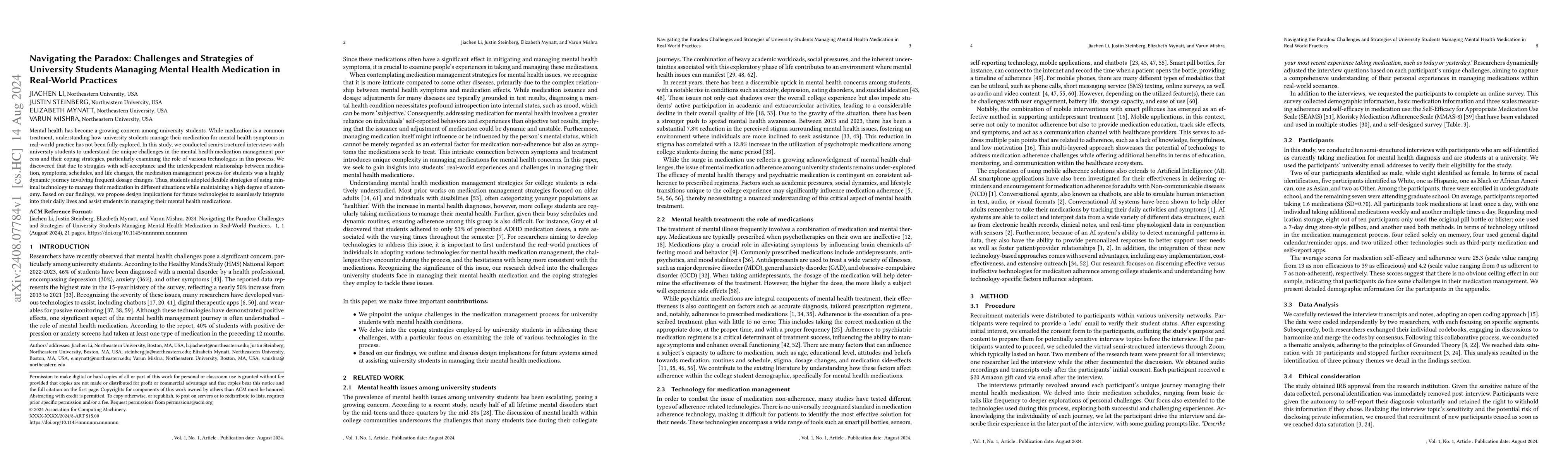 Thumbnail for Navigating the Paradox: Challenges and Strategies of University Students
  Managing Mental Health Medication in Real-World Practices