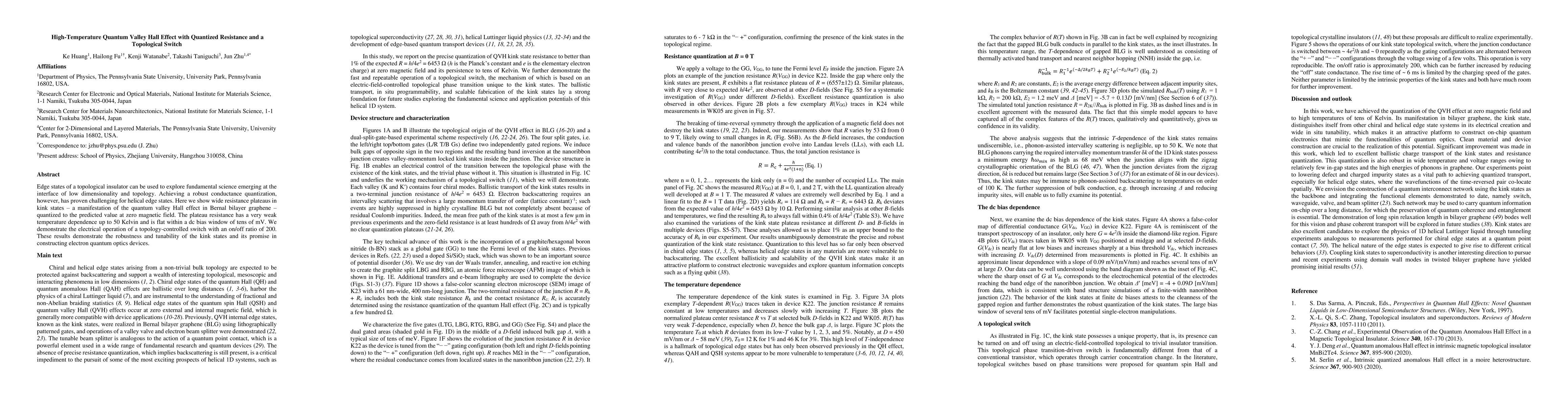 Thumbnail for High-Temperature Quantum Valley Hall Effect with Quantized Resistance
  and a Topological Switch
