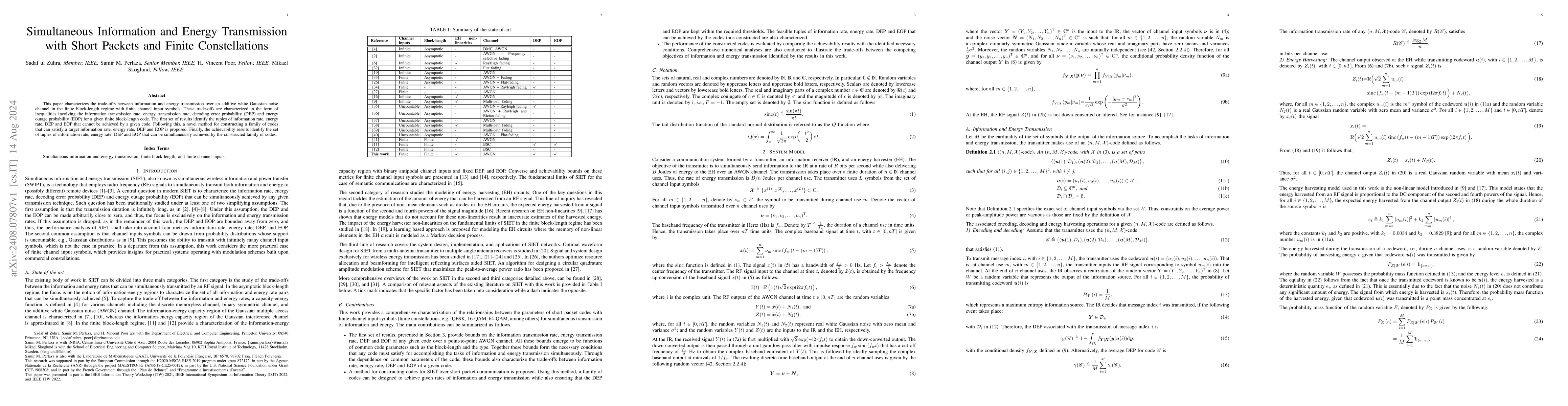 Thumbnail for Simultaneous Information and Energy Transmission with Short Packets and
  Finite Constellations