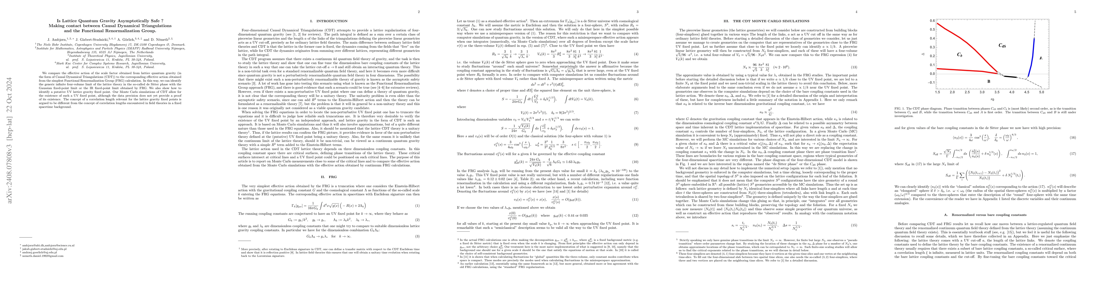 Thumbnail for Is Lattice Quantum Gravity Asymptotically Safe? Making contact between
  Causal Dynamical Triangulations and the Functional Renormalization Group