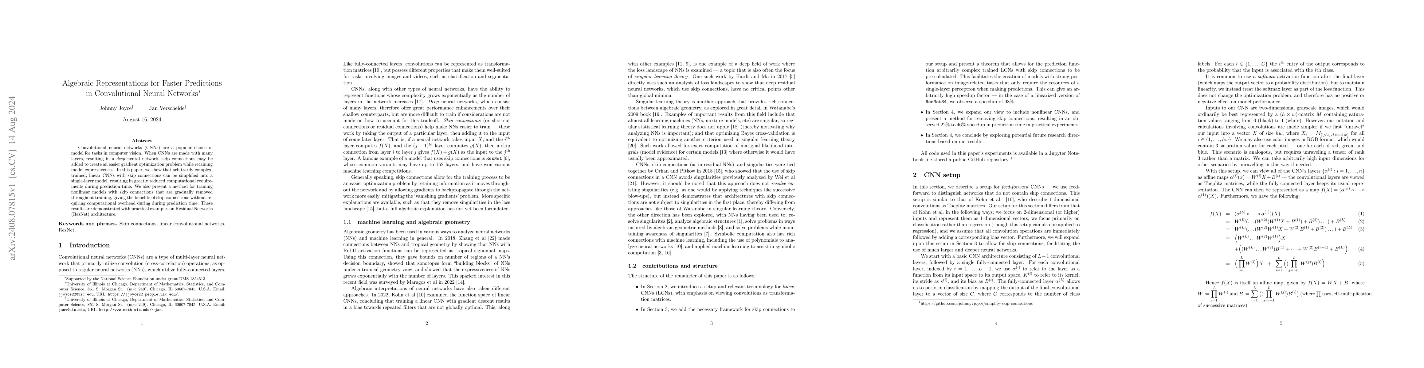 Thumbnail for Algebraic Representations for Faster Predictions in Convolutional Neural
  Networks
