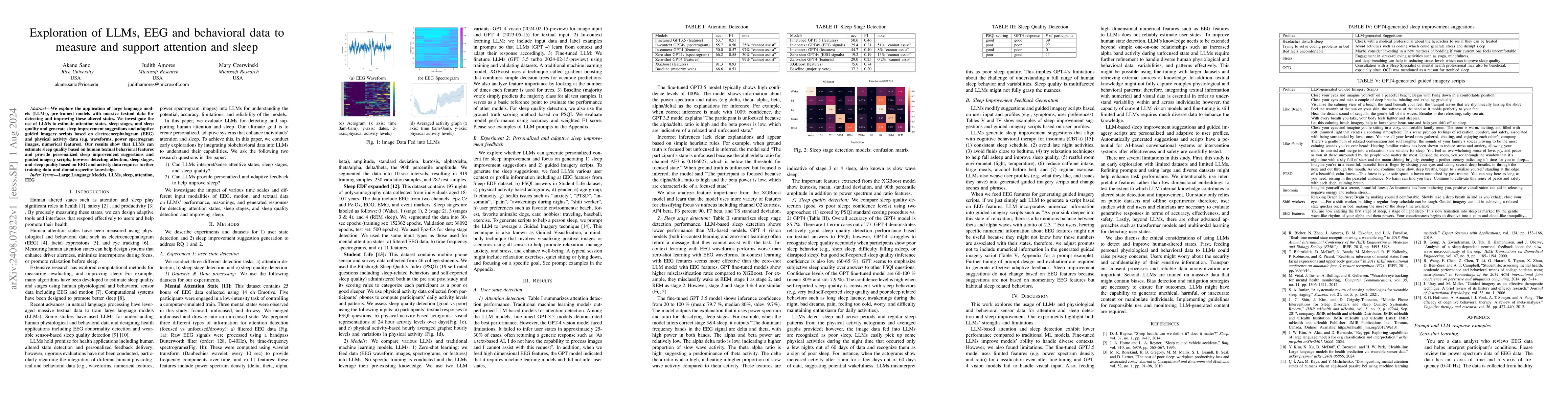 Thumbnail for Exploration of LLMs, EEG, and behavioral data to measure and support
  attention and sleep