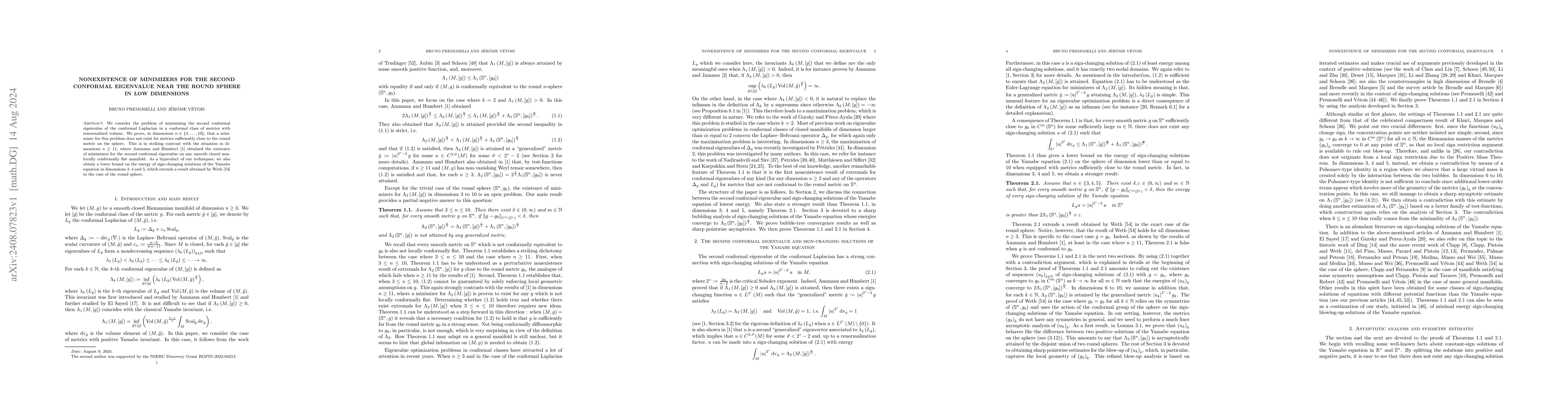 Thumbnail for Nonexistence of minimizers for the second conformal eigenvalue near the
  round sphere in low dimensions
