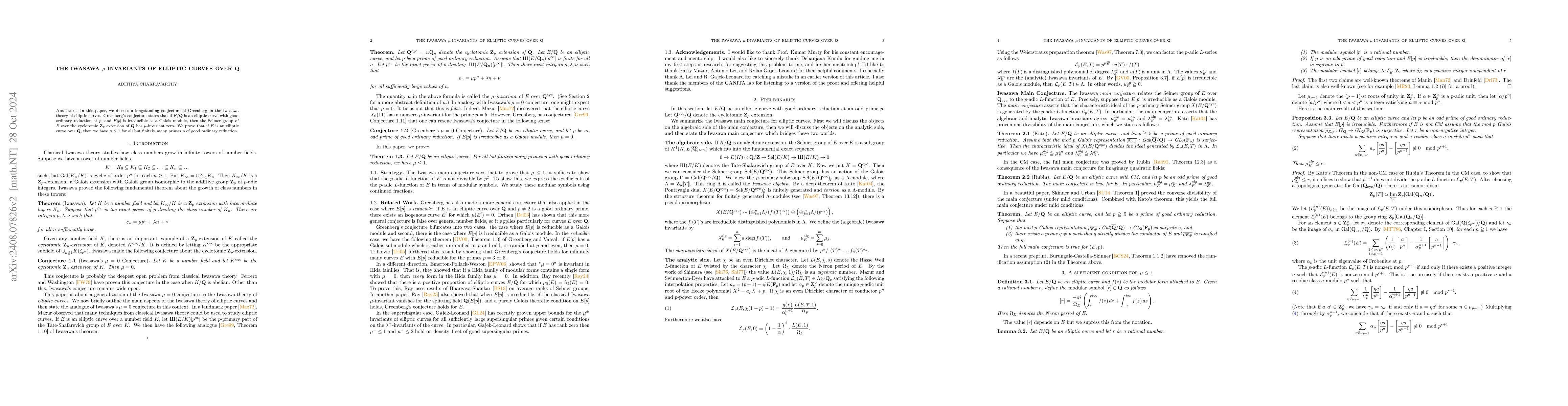 Thumbnail for The Iwasawa $μ$-invariants of Elliptic Curves over $\mathbb{Q}$