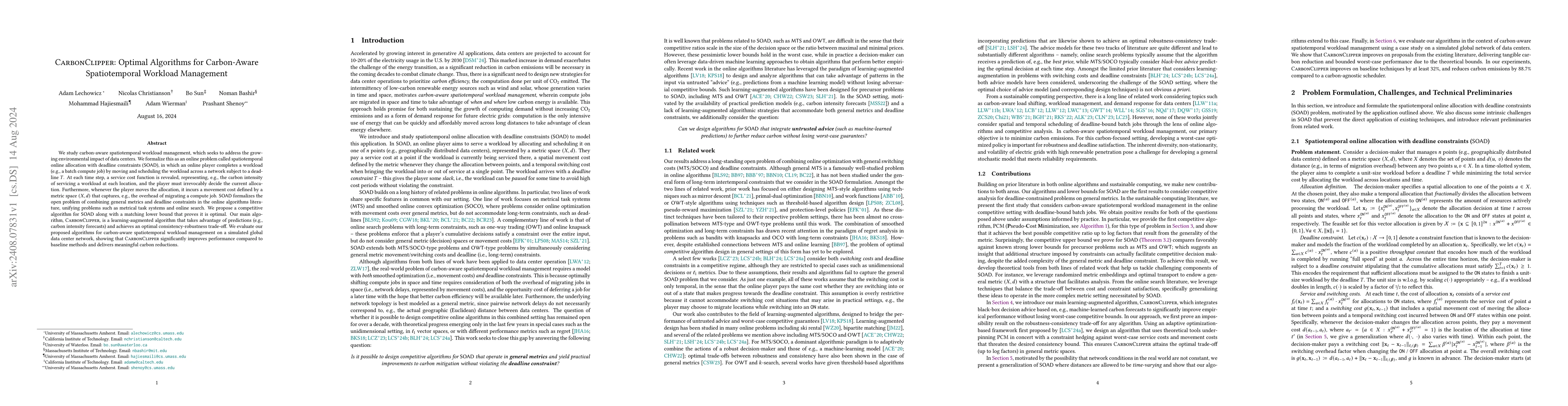 Thumbnail for CarbonClipper: Optimal Algorithms for Carbon-Aware Spatiotemporal
  Workload Management