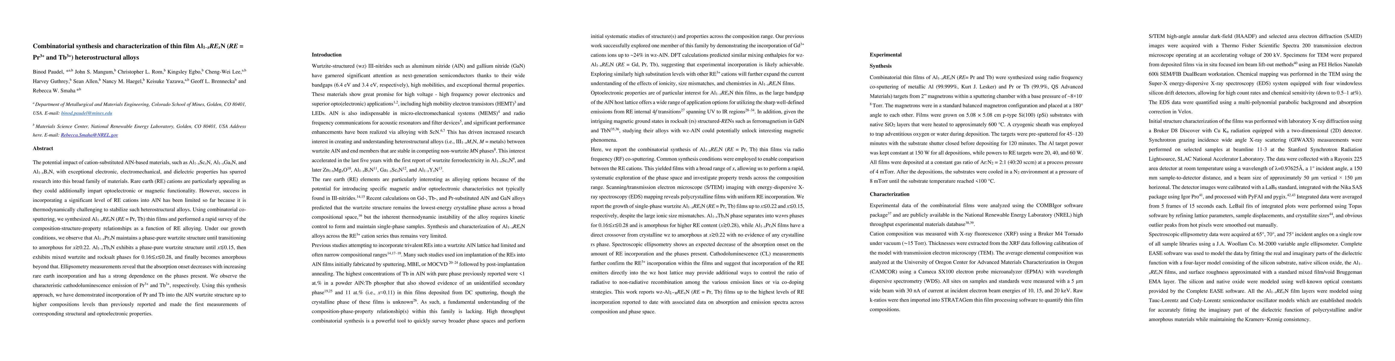 Thumbnail for Combinatorial synthesis and characterization of thin film Al1-xRExN (RE
  = Pr3+, Tb3+) heterostructural alloys