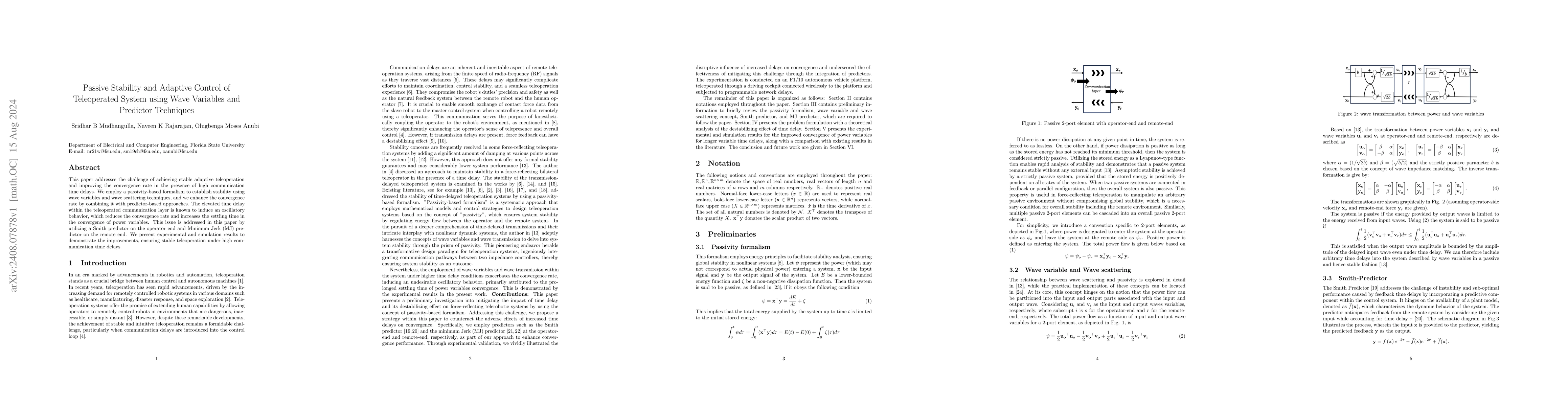 Thumbnail for Passive Stability and Adaptive Control of Teleoperated System using Wave
  Variables and Predictor Techniques